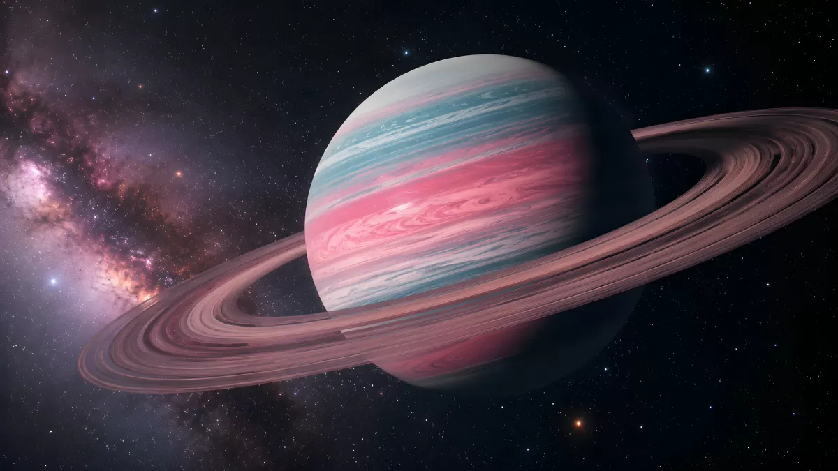 Ringplanet mit bunten Wolkenbändern im Weltall