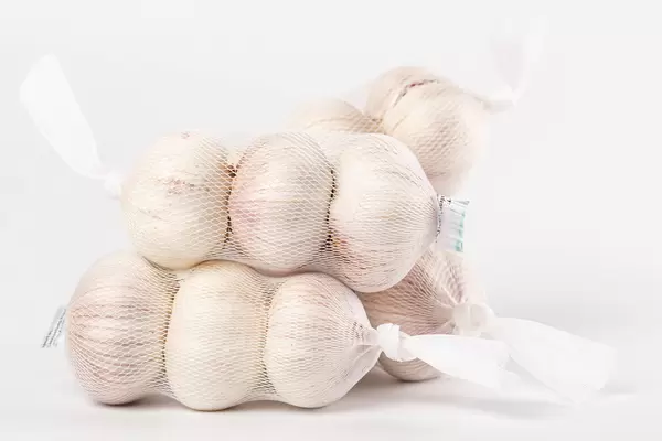 Ripe garlic in nets on a white background