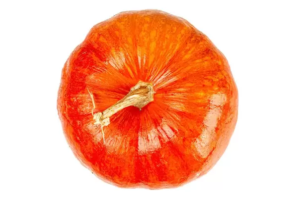 Ripe orange pumpkins on white, top view