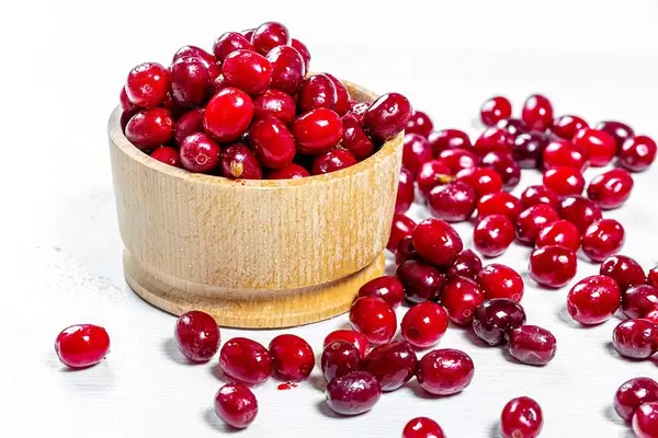 Ripe red cornel berries on a white table