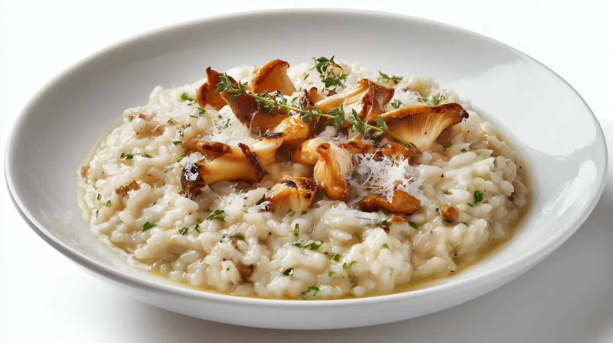 Risotto mit Kräuterseitlingen auf weißem Teller
