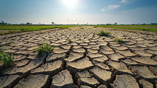 Rissige Erde im Dürregebiet vor blauem Himmel