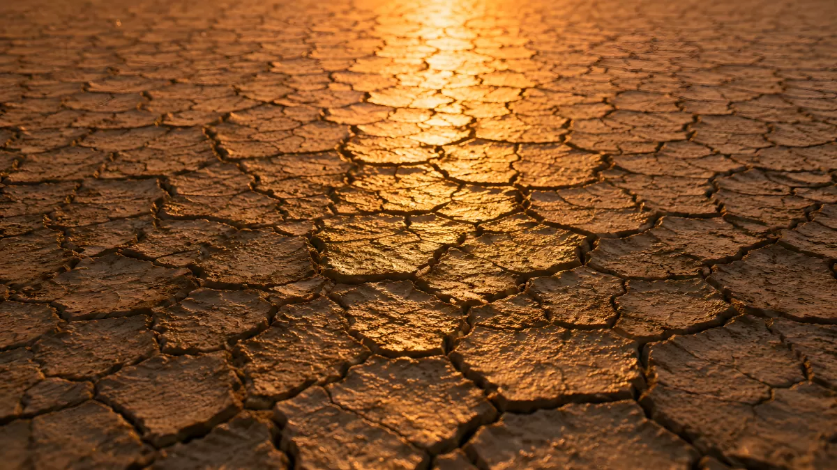 Rissige Erde in der Wüste bei Sonnenuntergang