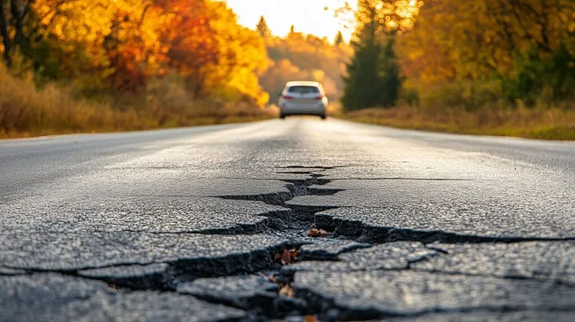 Rissige Herbststraße mit Auto im goldenen Licht