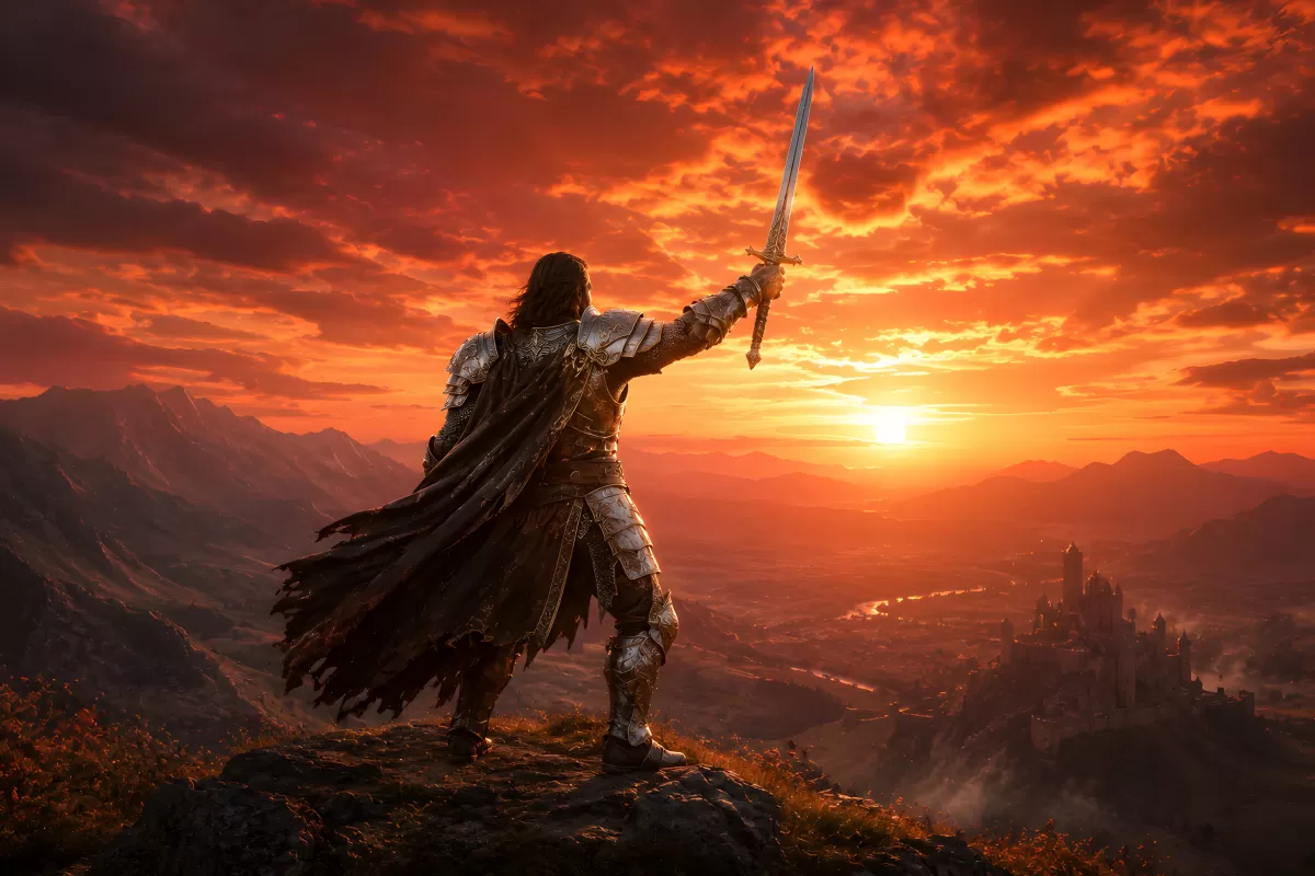 Ritter in Rüstung hebt Schwert beim Sonnenuntergang