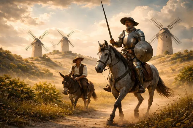 Ritterzug in mittelalterlicher Landschaft mit Windmühlen