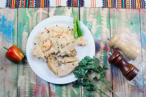 Roast chicken and rice with parsley and bell pepper, salt cellar (Flip 2019)