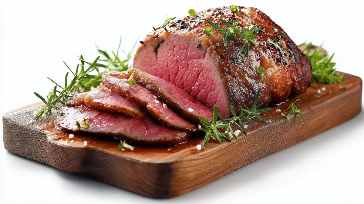 Roastbeef bei 80C saftig aufgeschnitten auf Holzbrett