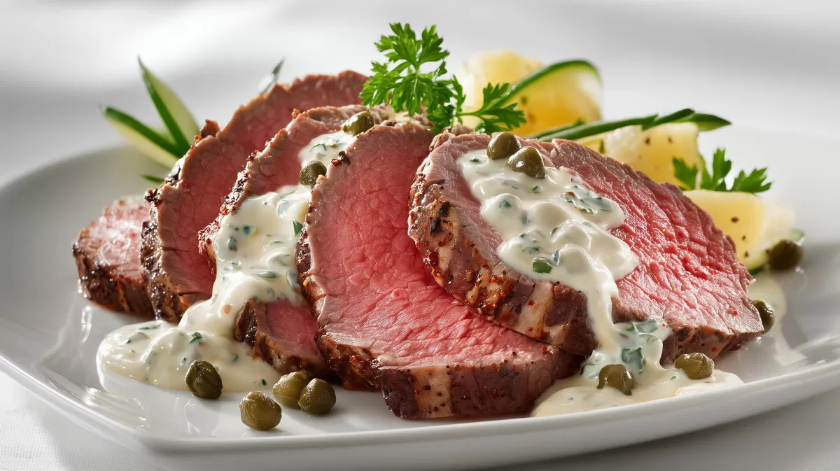 Roastbeef mit Remoulade und Kapern auf Teller