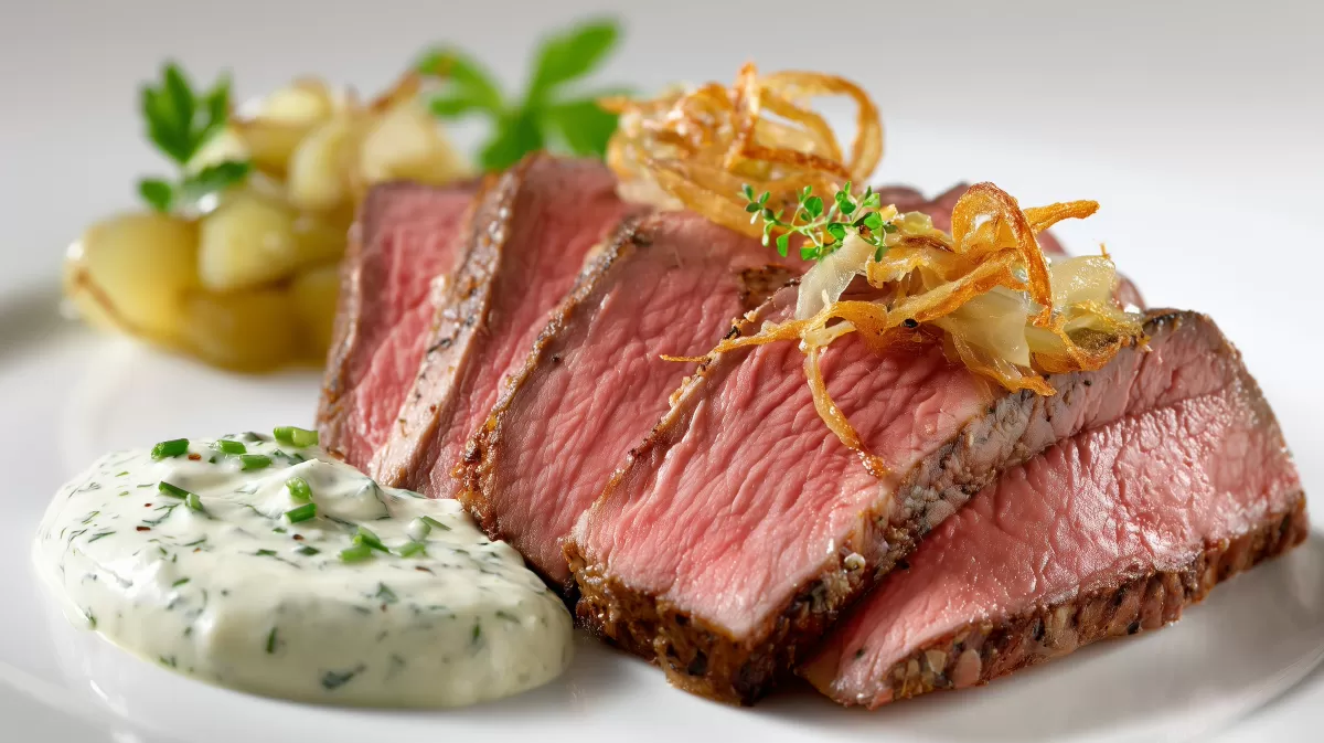 Roastbeef mit Remoulade und karamellisierten Zwiebeln