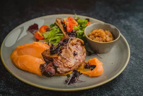 Roasted duck leg with mashed pumpkin and salad