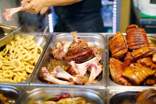 Roasted pork leg at Christmas market