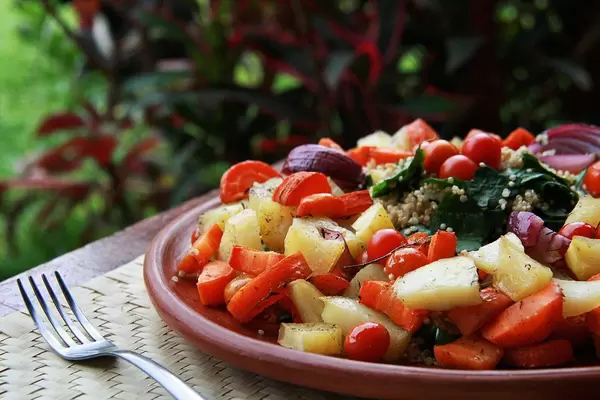 Roasted Vegetable Salad with carrot, potato, red onion, spinach, quinoa