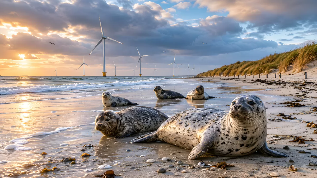 Robben am Strand mit Windrädern im Sonnenuntergang