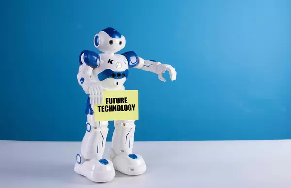 Robot holding a sing with Future technology text