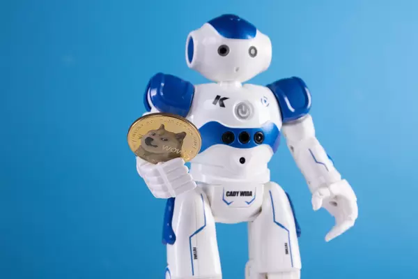 Robot holding golden Dogecoin coin