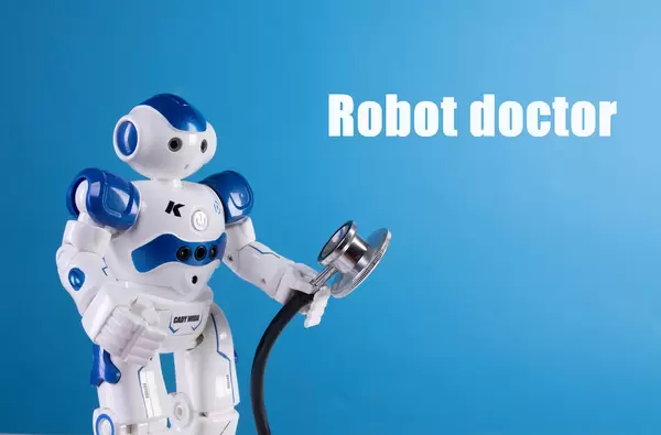 Robot holding stethoscope and Robot doctor text on blue background