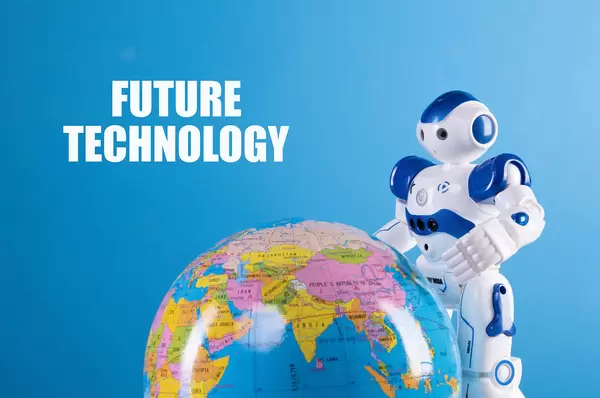 Robot with globe and Future technology text on blue background