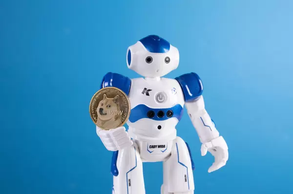 Robot with golden Dogecoin coin