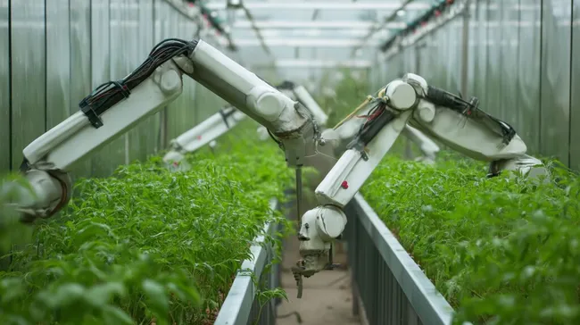 Roboter-Arme pflegen Pflanzen im modernen Gewächshaus