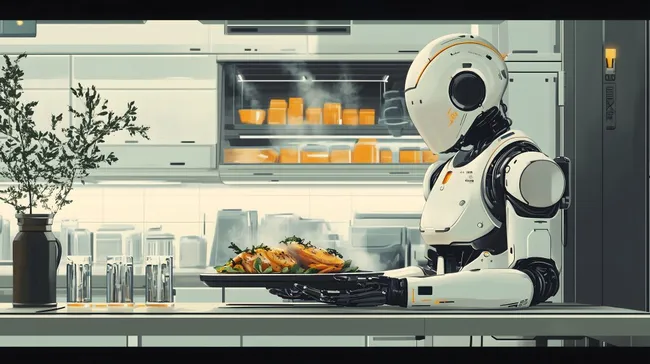 Roboter bereitet dampfenden Geflügelsalat in moderner Küche zu