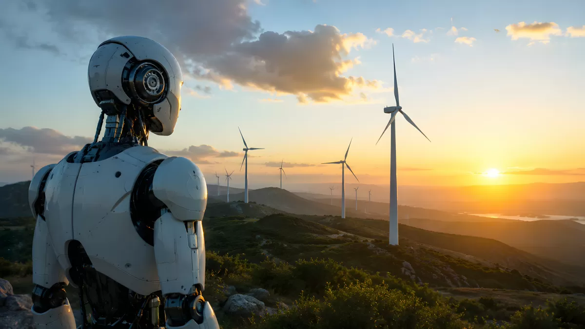 Roboter betrachtet Windkraftanlage bei Sonnenuntergang