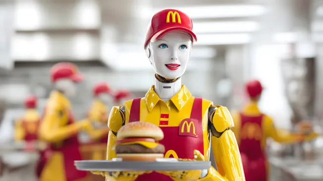 Roboter-Kellner serviert Big Mac in futuristischer Küche