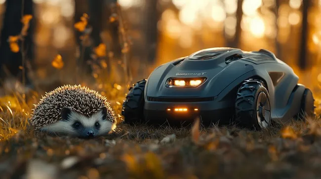 Roboter-Mähwerk trifft auf Igel in herbstlicher Waldlandschaft