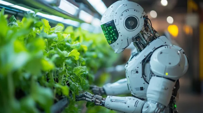 Roboter pflegt und bewässert Gemüsepflanzen in städtischem Gewächshaus