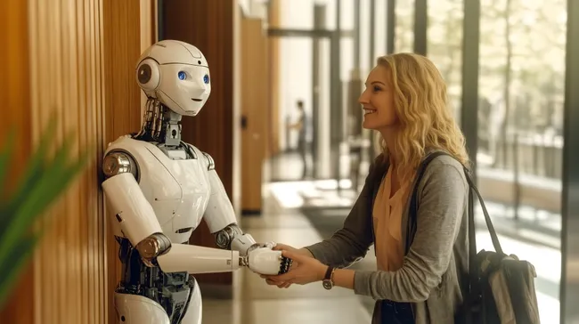 Roboter schüttelt Hand mit junger Frau im Büroflur