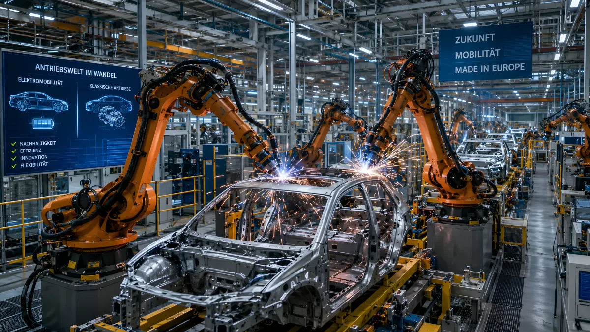 Roboter schweißen Autokarosserie in moderner Fabrik