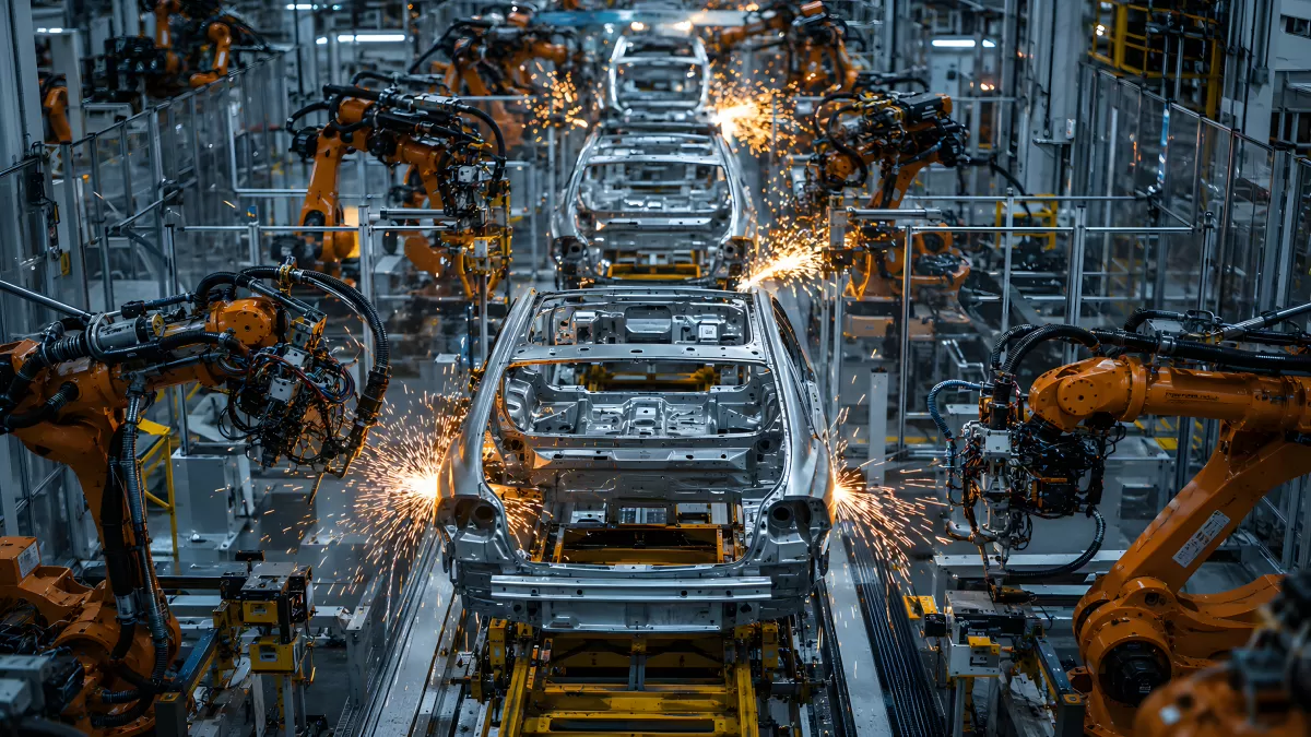 Roboter schweißen Karosserien in moderner Autofabrik