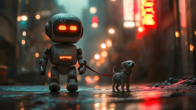 Roboter spaziert mit Hund durch beleuchtete Nachtstadt