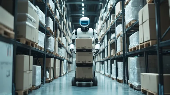 Roboter transportiert Pakete in Lagerhalle