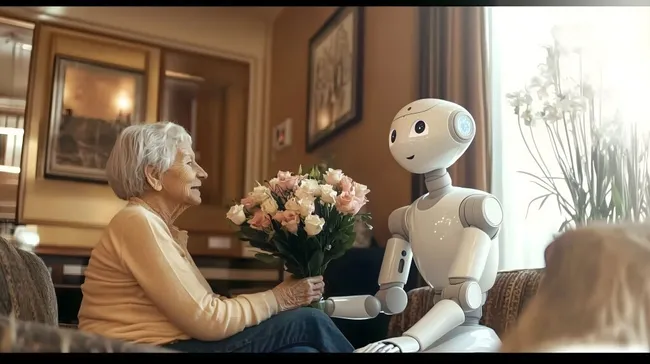 Roboter überreicht ältere Frau Blumenstrauß im Pflegeheim