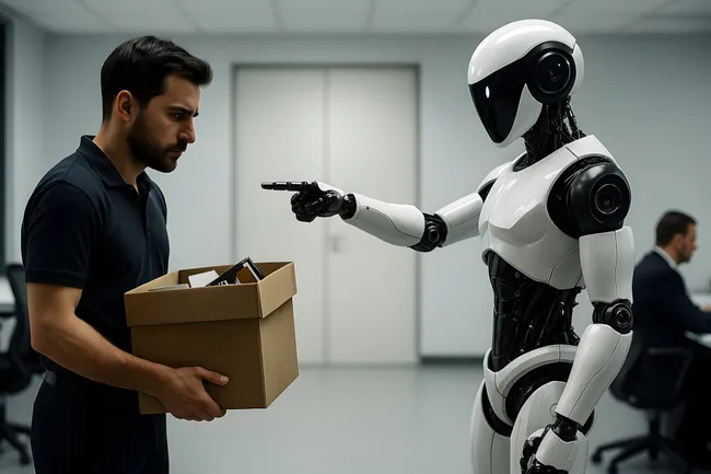 Roboter überreicht Kündigungsbox an frustrierten Mitarbeiter