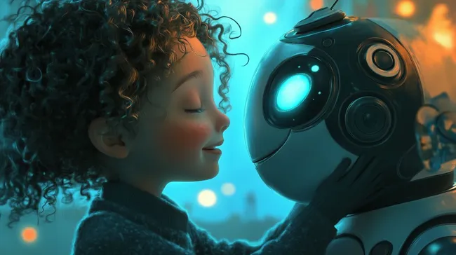 Roboter umarmt liebevoll lockiges Kind