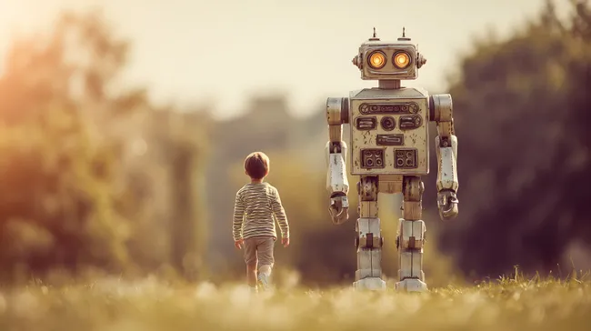 Roboter und Kind in sonniger Landschaft