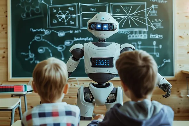 Roboter unterrichtet Kinder in modernem Klassenzimmer