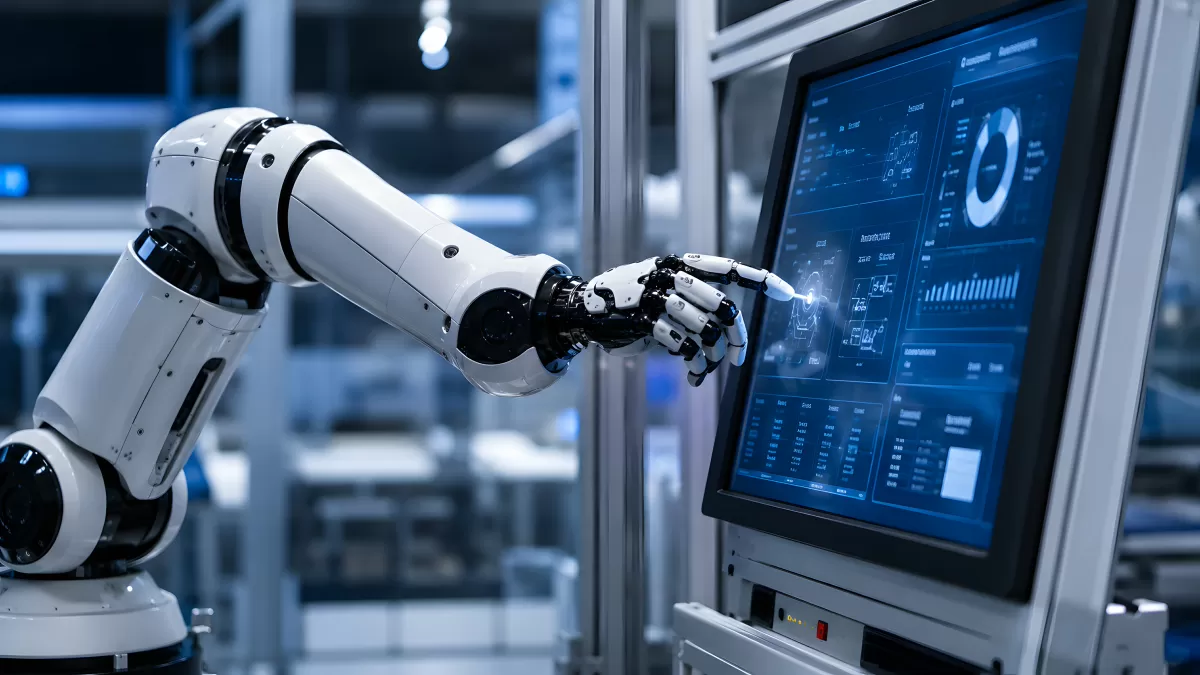 Roboterarm bedient industriellen Touchscreen mit Daten