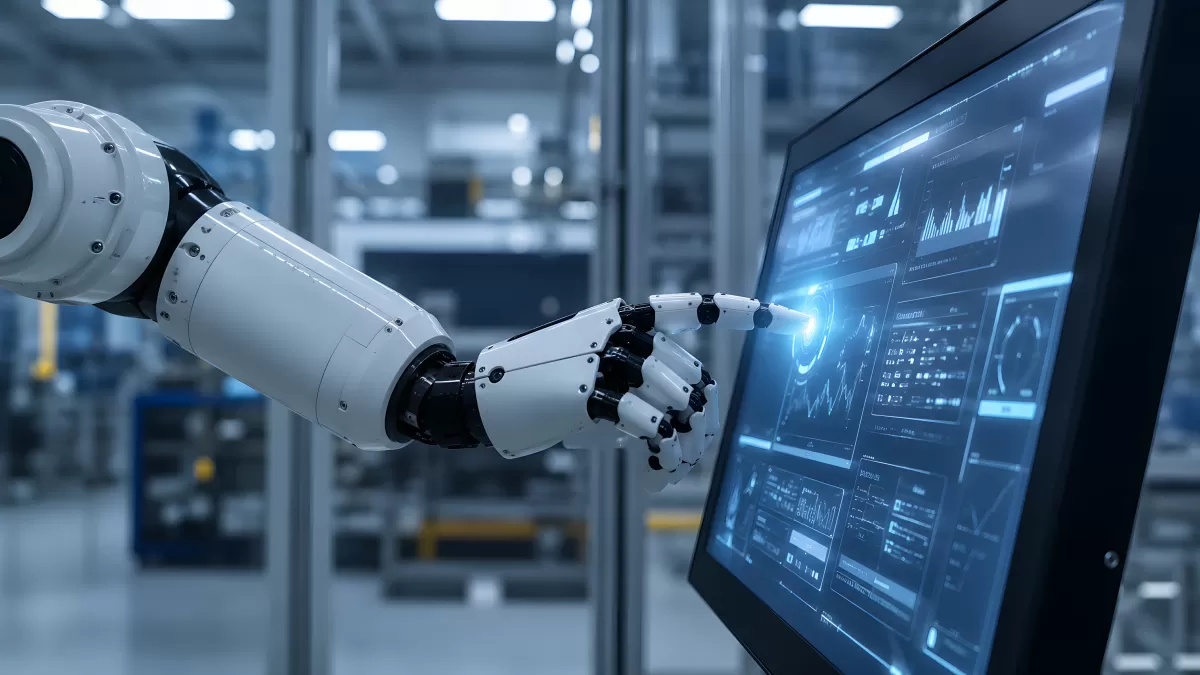 Roboterarm berührt digitales Kontrollpanel in Fabrik
