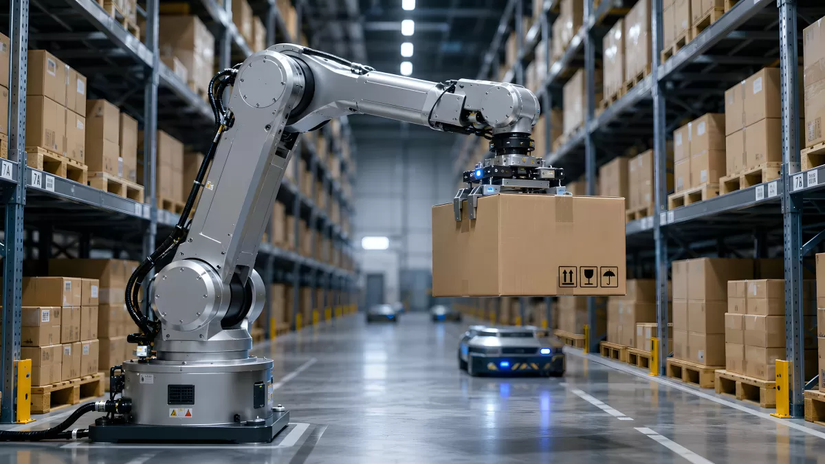 Roboterarm greift Karton in modernem Lager