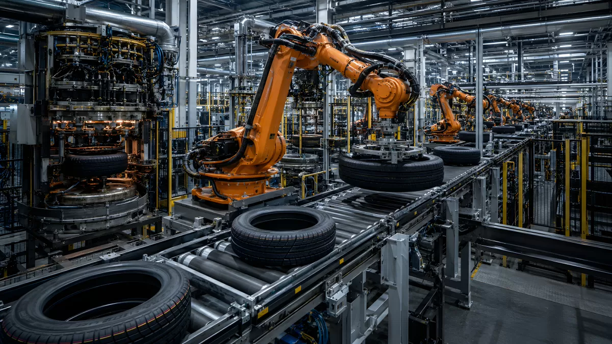 Roboterarm greift Reifen in moderner Reifenfabrik