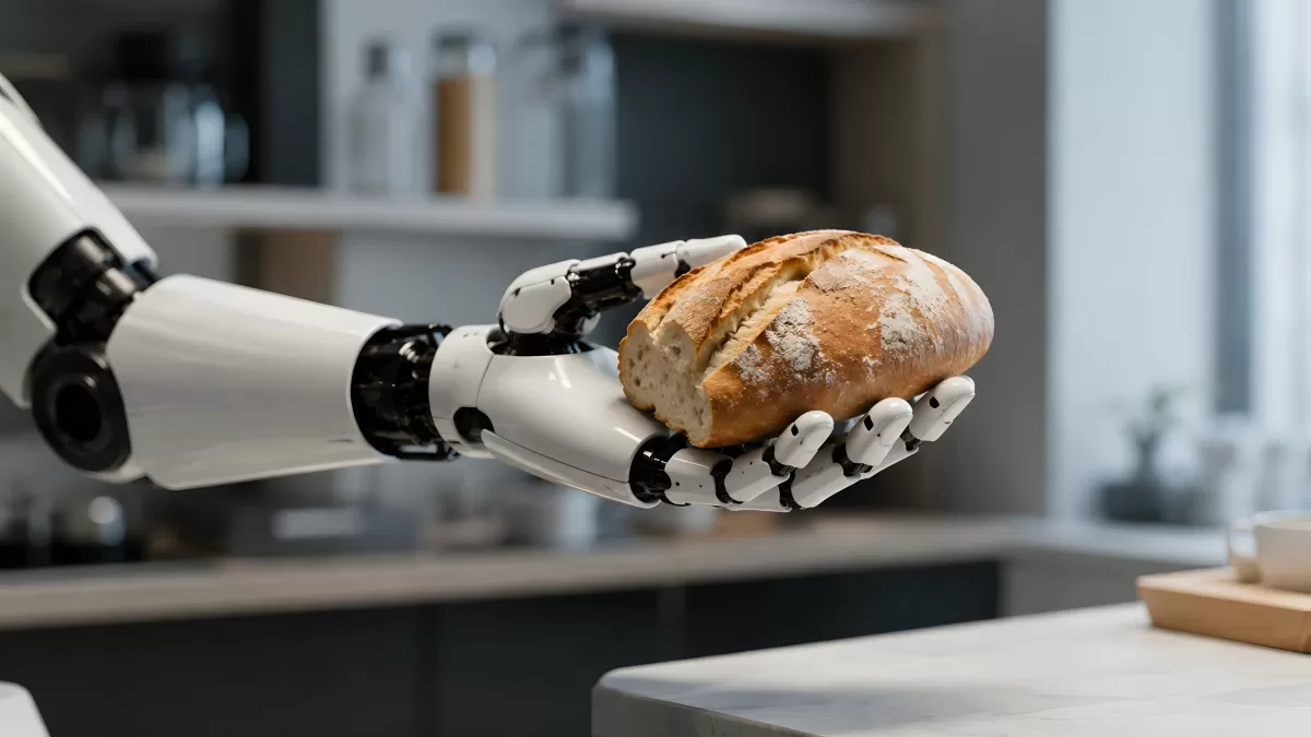 Roboterarm hält frisches Brot in moderner Küche