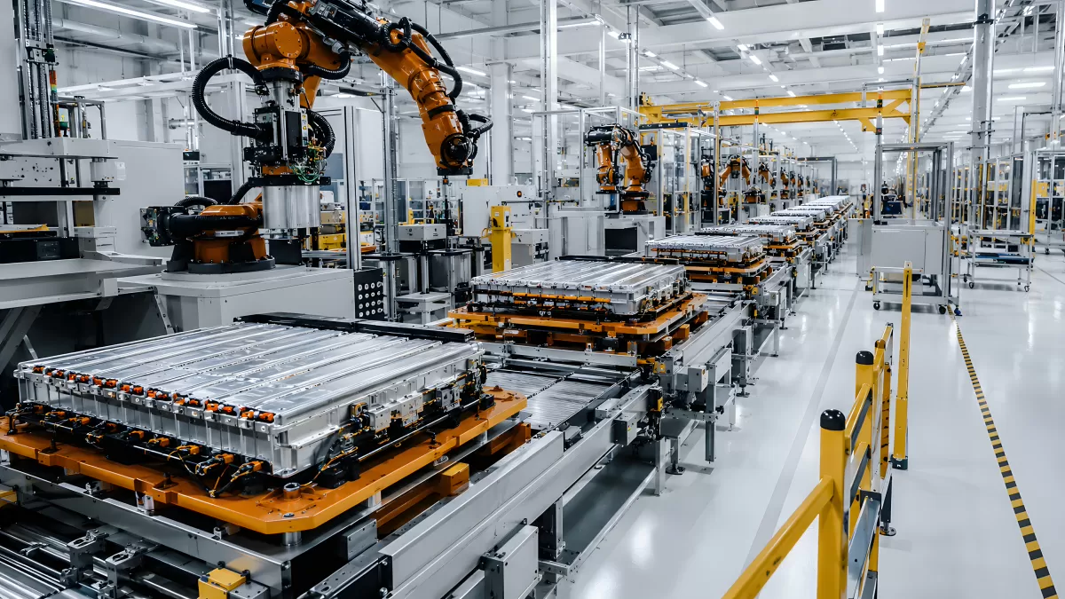 Roboterarm montiert Elektroauto-Batterien in Fabrikhalle