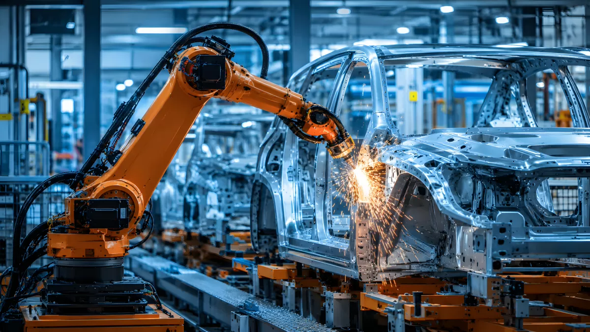 Roboterarm schweißt Autokarosserie in moderner Fabrik