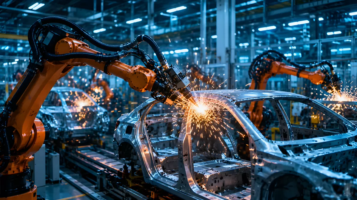 Roboterarm schweißt Fahrzeugkarosserie in Autofabrik