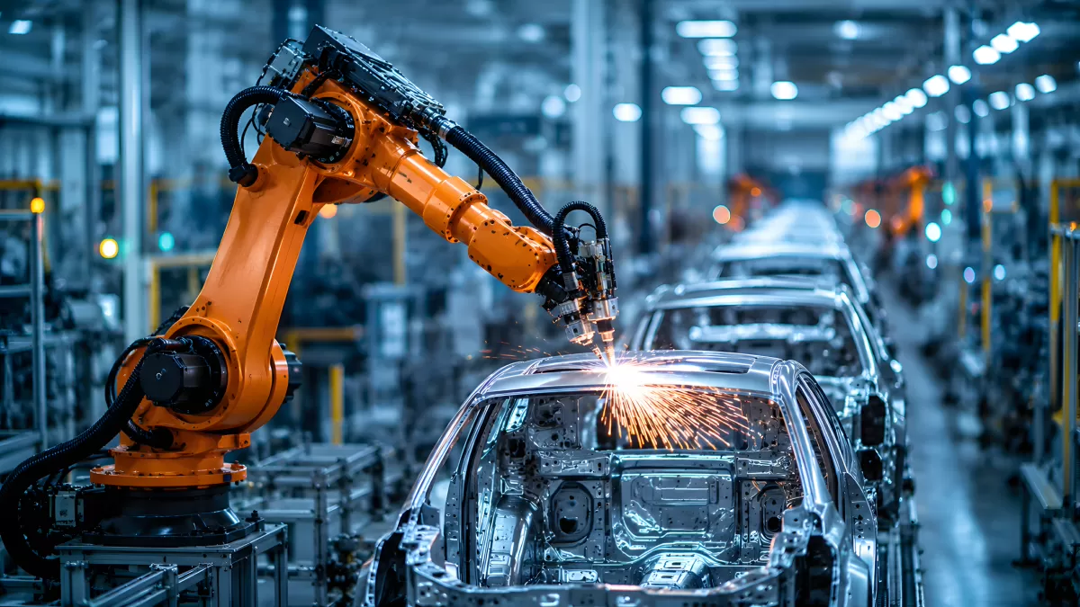 Roboterarm schweißt Karosserie im Automobilwerk