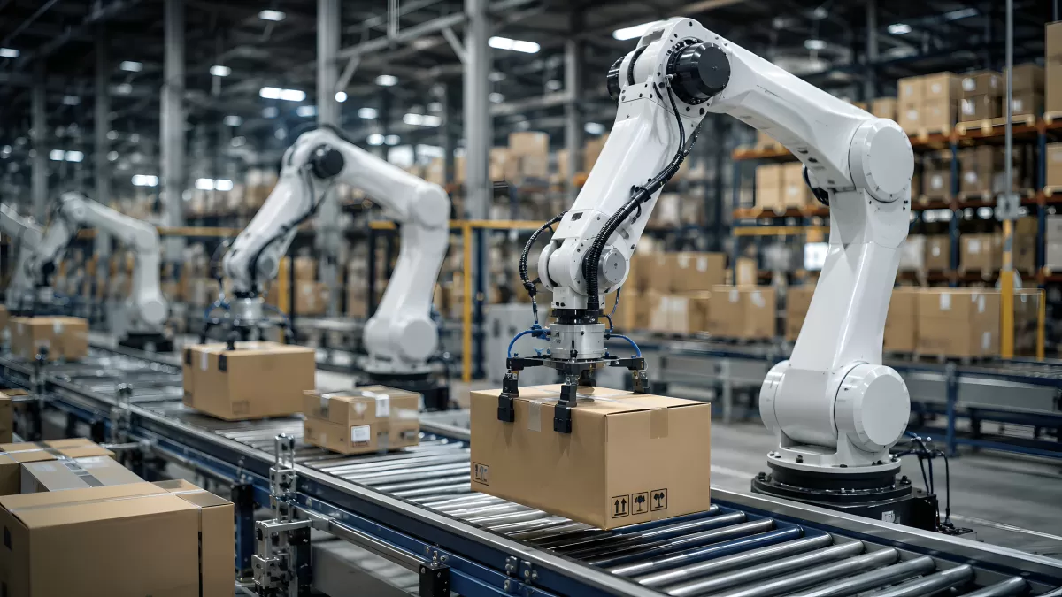 Roboterarme sortieren Pakete im modernen Lager