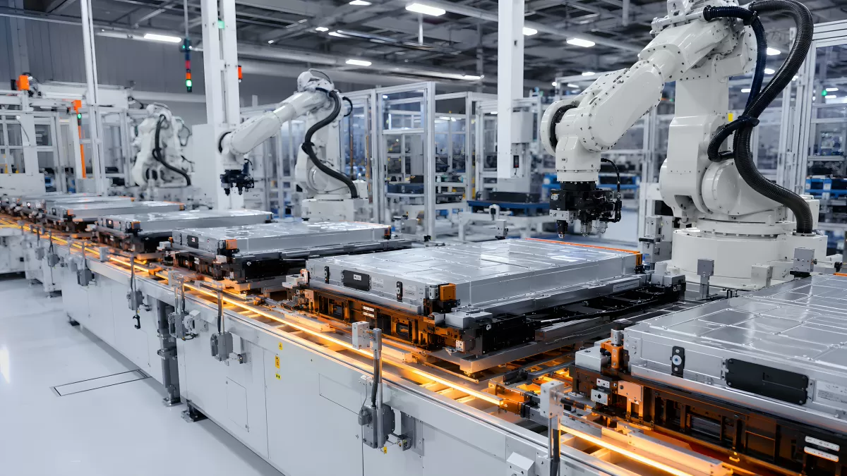 Robotergestützte Batterieproduktion in moderner Fabrik
